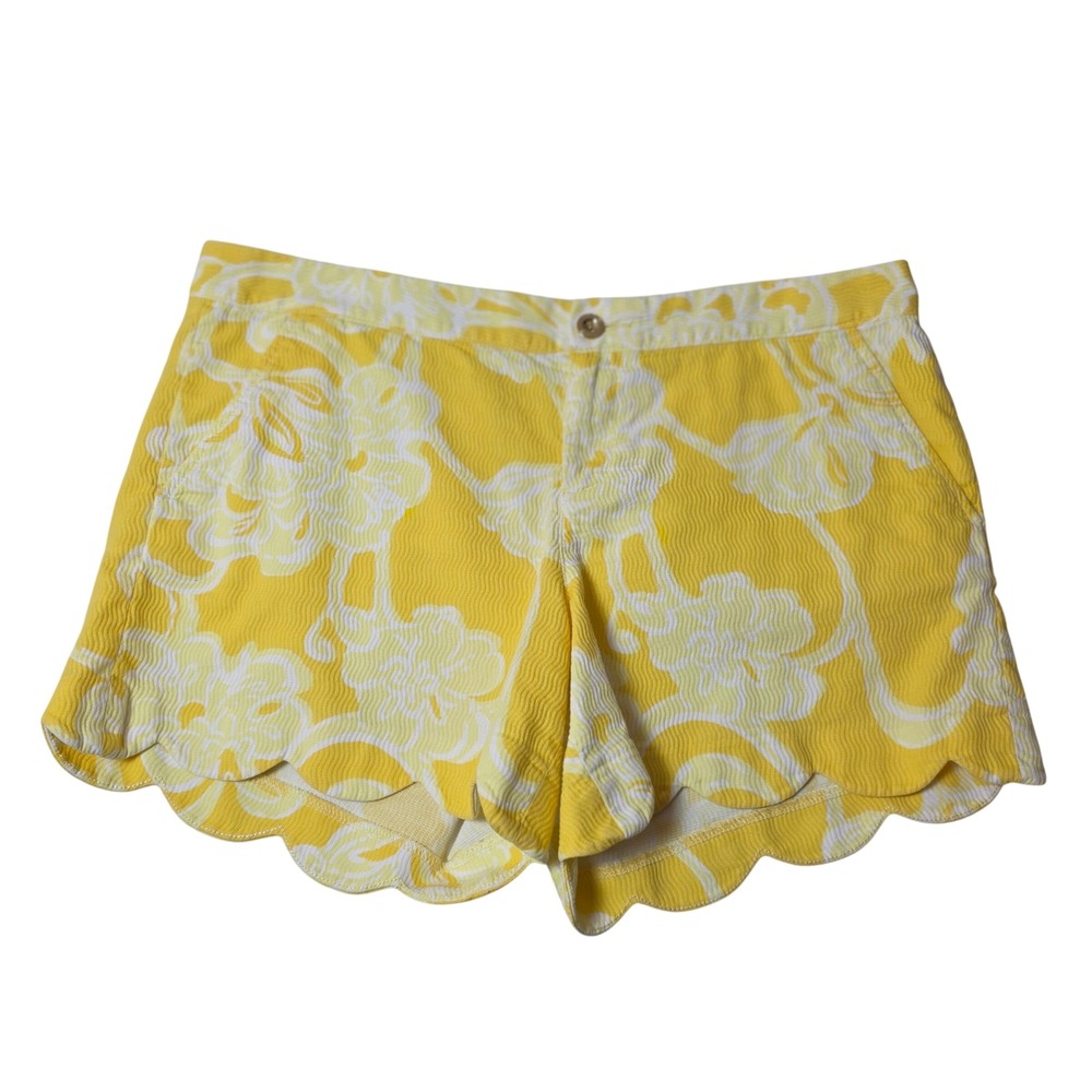 Lilly Pulitzer Buttercup Shorts Womens 12 Yellow Floral Scalloped Seersucker